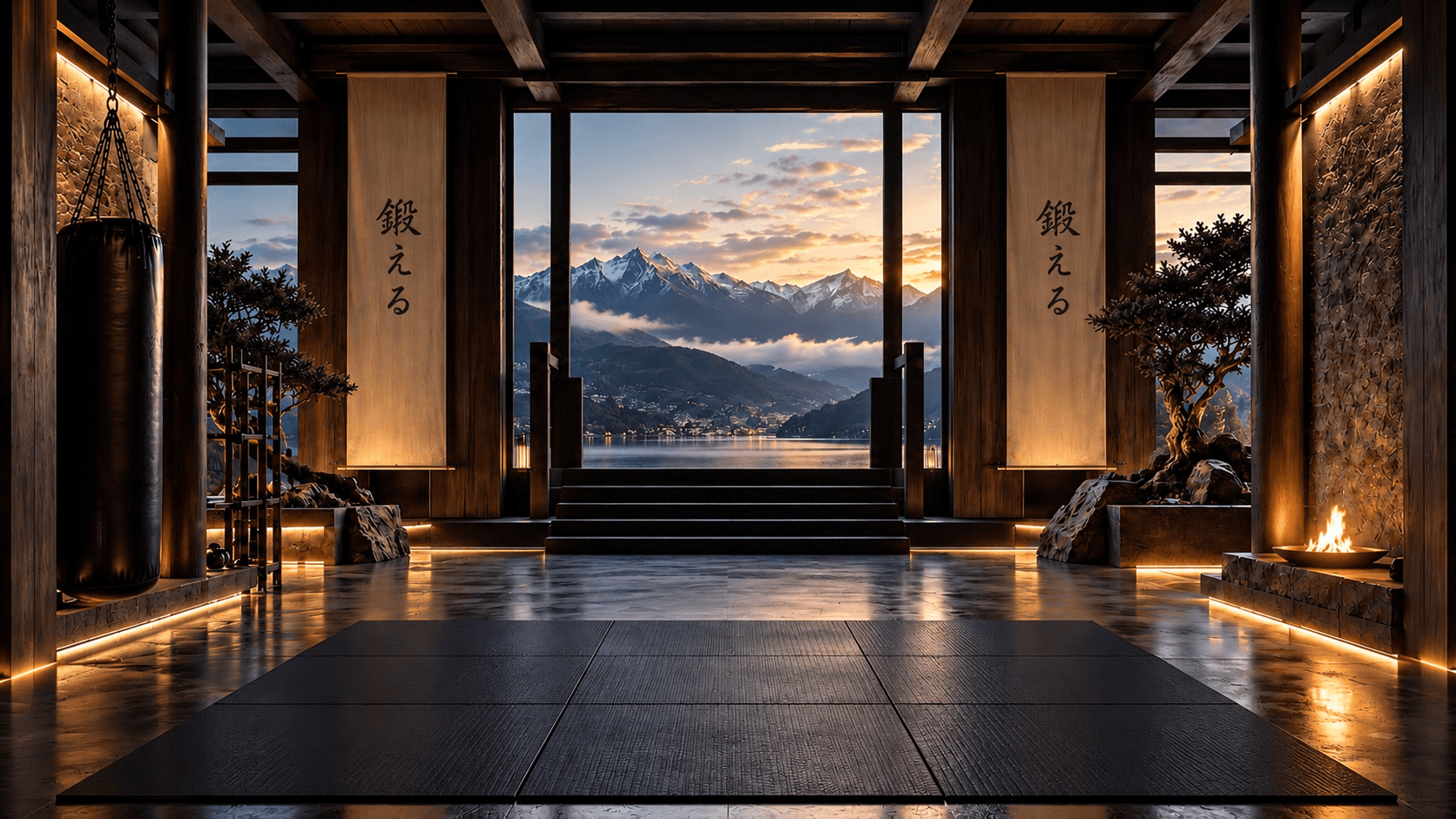 A dark timber dojo opening onto mountains and a lake at dusk.
